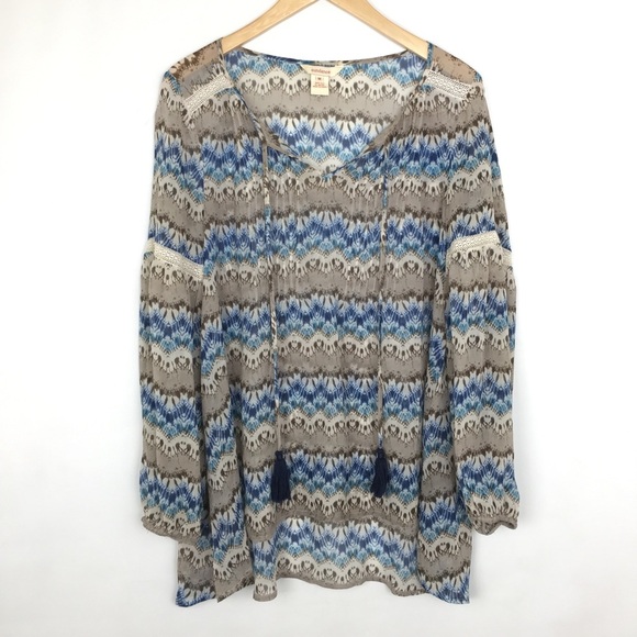 Sundance Women’s Silk Semi Sheer Boho Tunic Top Balloon Sleeve Blue Gray Blouse - Picture 1 of 13